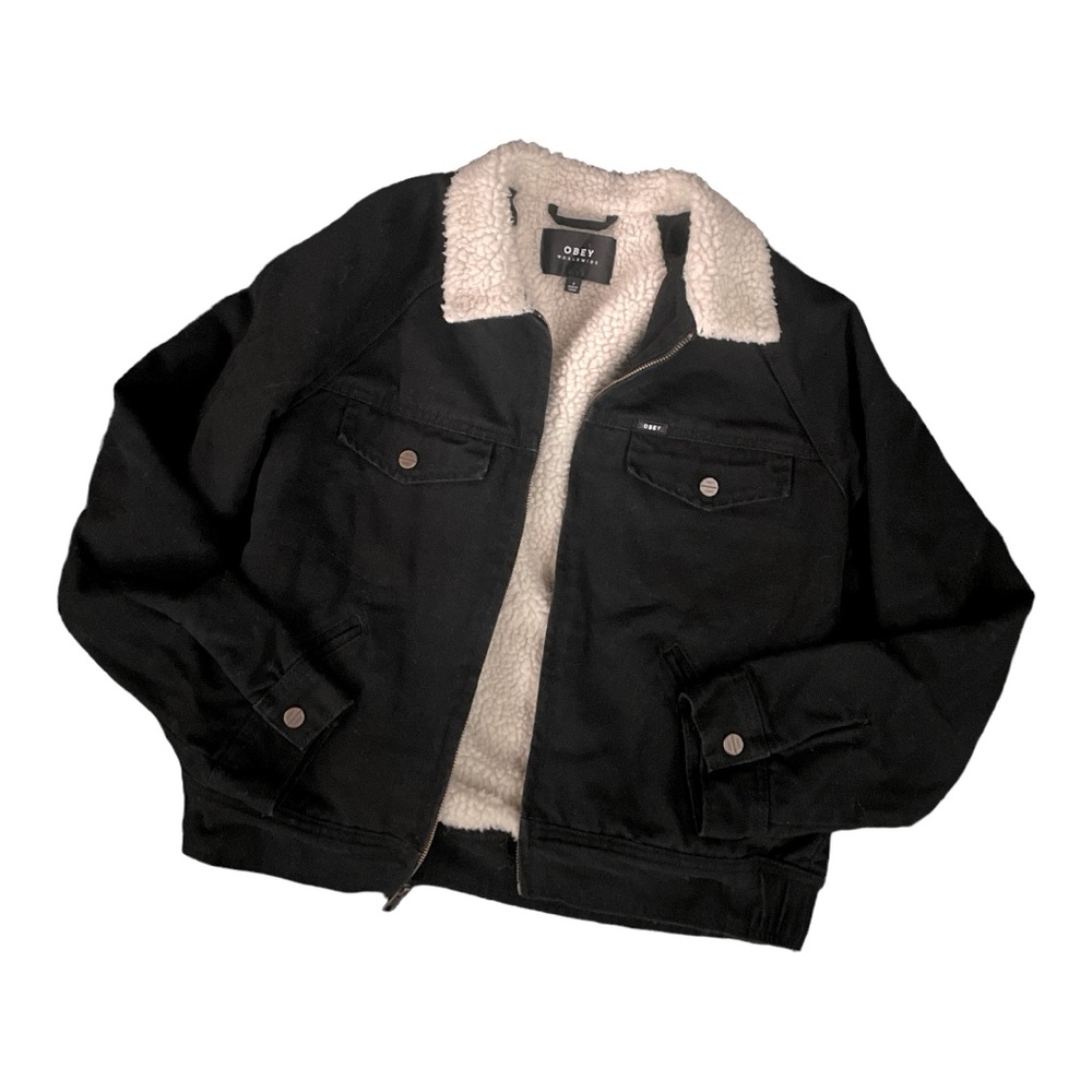 Obey Clothing Sz S Retro Trucker Style Black Denim Sherpa Jacket 100% Cotton